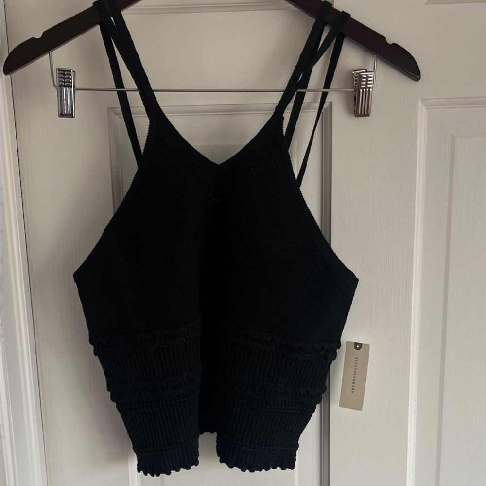 Anthropologie Knit V Neck Black Linen Blend Tank Top SZ Med Noir Essential - Picture 4 of 11
